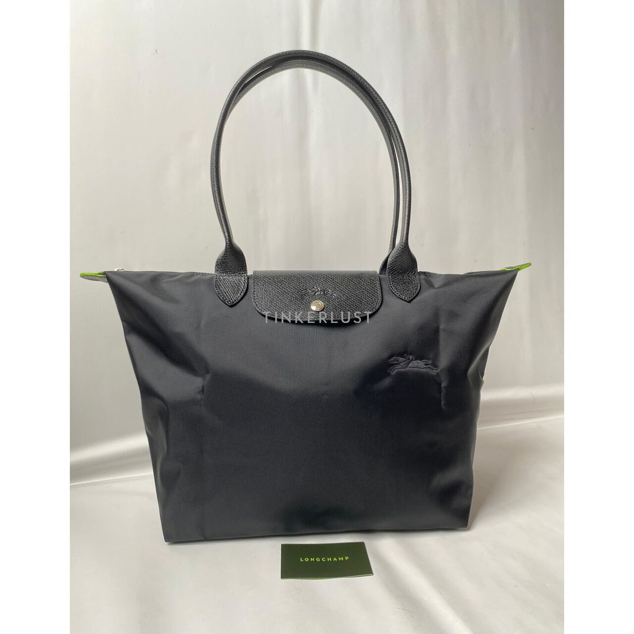 tas tote bag Longchamp Le Pliage Green Large Long Handle Black Tote Bag Tinkerlust